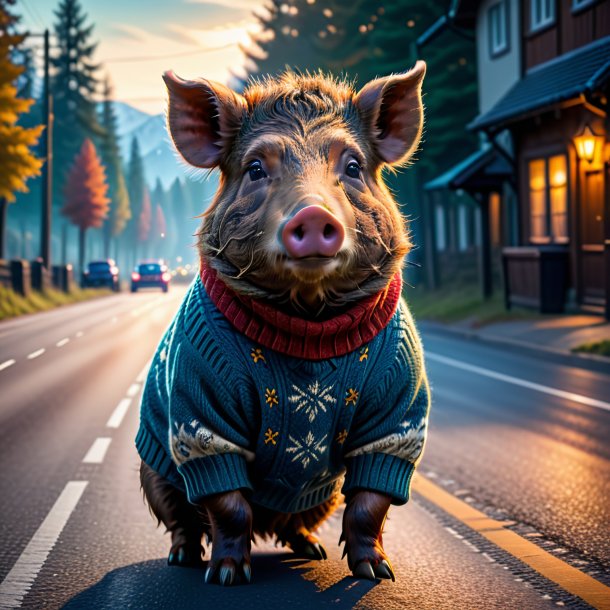 Image of a boar in a sweater on the road