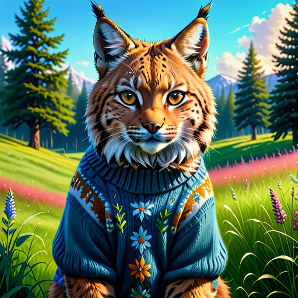 Drawing of a lynx in a sweater in the meadow