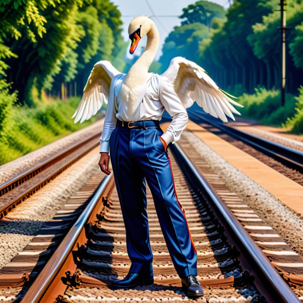 Photo of a swan in a trousers on the railway tracks