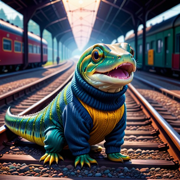 Illustration of a eel in a sweater on the railway tracks