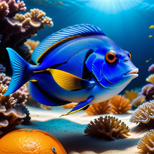 Image of a blue tang in a orange shoes