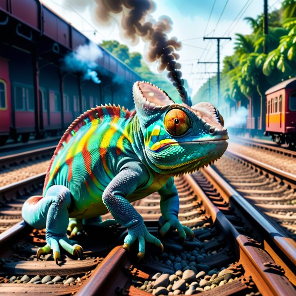 Picture of a smoking of a chameleon on the railway tracks