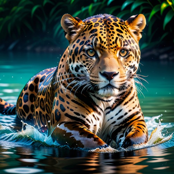 Foto de um jaguar em um casaco na água