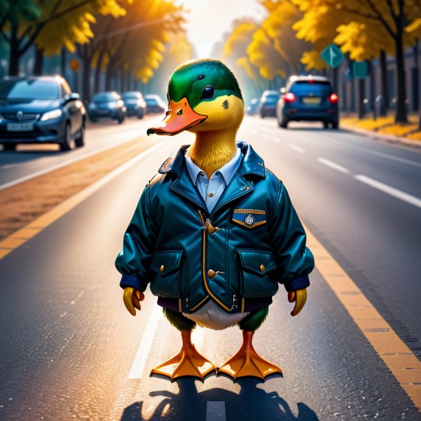 Picture of a duck in a jacket on the road