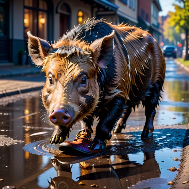 Pic of a boar in a shoes in the puddle