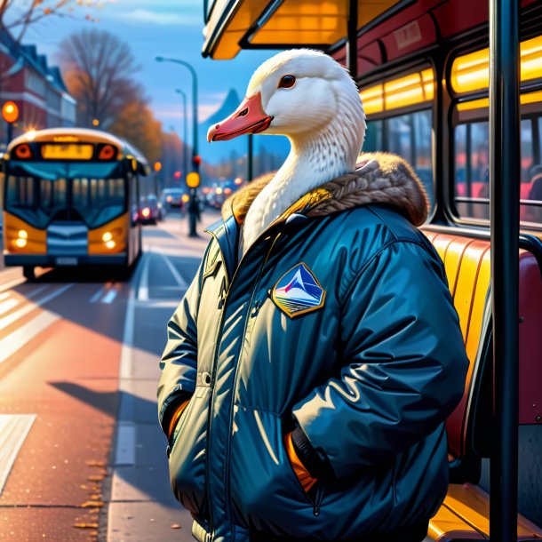 Desenho de um ganso em uma jaqueta no ponto de ônibus