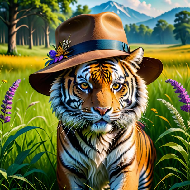 Foto de un tigre en un sombrero en el prado