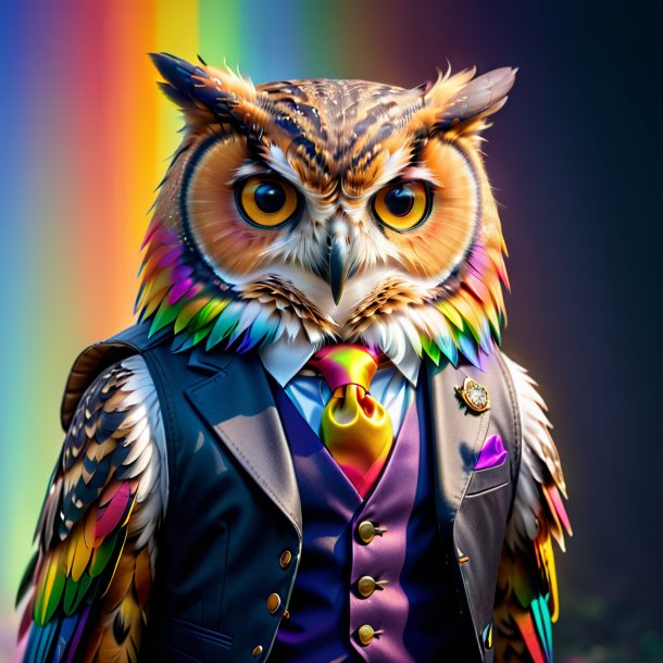 Picture of a owl in a vest on the rainbow