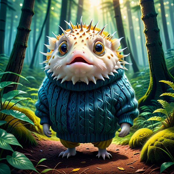 Illustration of a pufferfish in a sweater in the forest