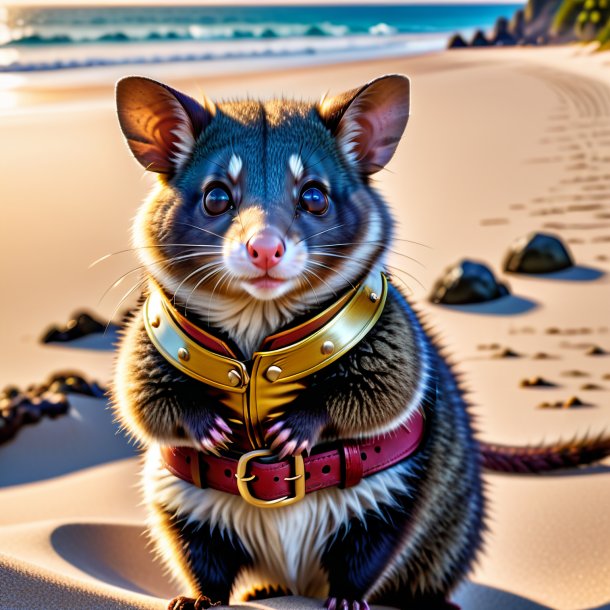 Photo of a possum in a belt on the beach