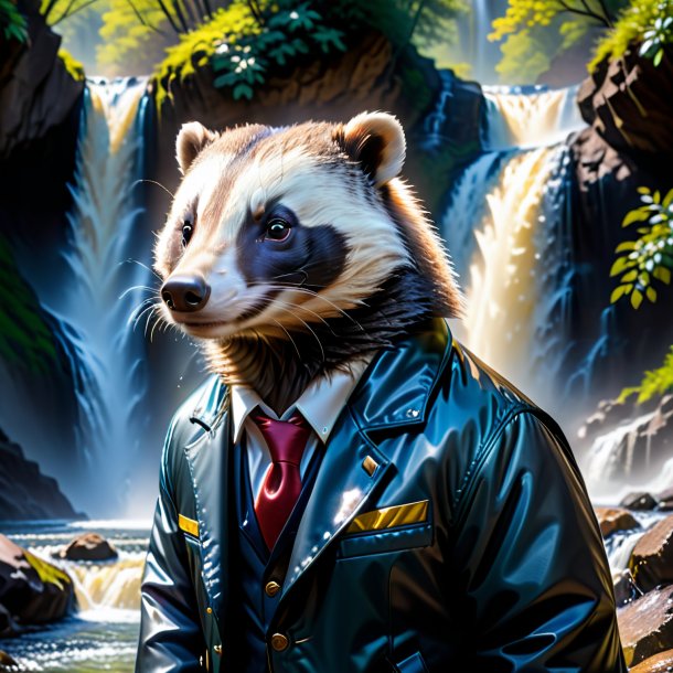 Photo of a badger in a jacket in the waterfall