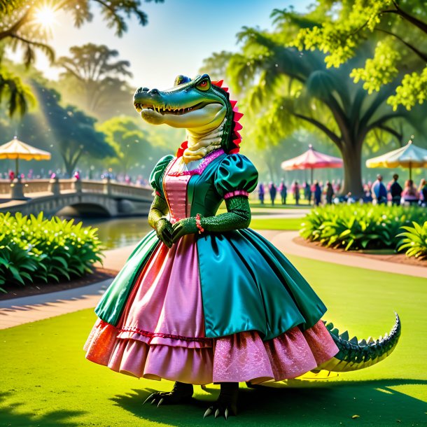 Image of a alligator in a dress in the park