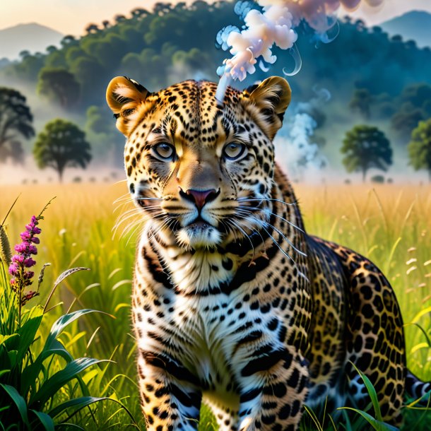 Pic of a smoking of a leopard in the meadow