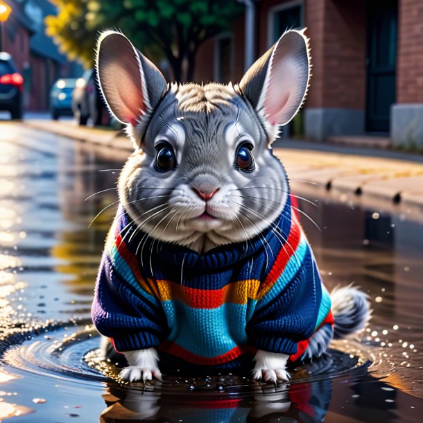 Picture of a chinchillas in a sweater in the puddle