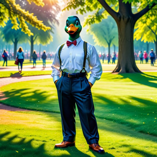 Photo of a duck in a trousers in the park