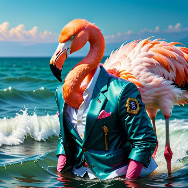 Imagem de um flamingo em uma jaqueta no mar