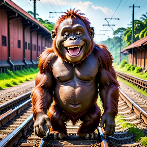 Pic of a smiling of a orangutan on the railway tracks