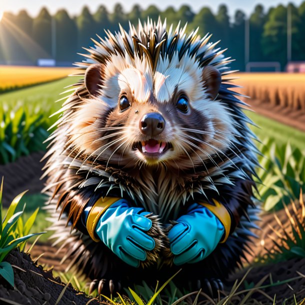 Image of a porcupine in a gloves on the field