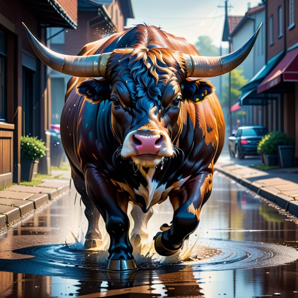 Illustration of a bull in a belt in the puddle