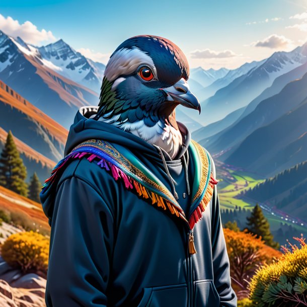 Picture of a pigeon in a hoodie in the mountains