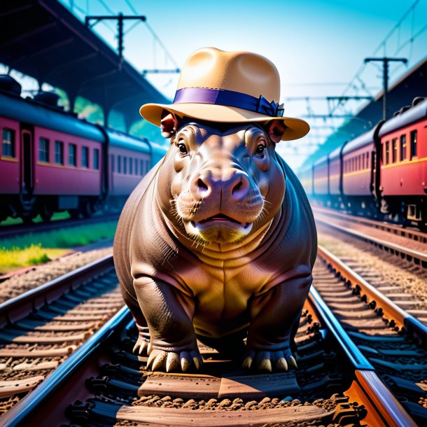 Foto de un hipopótamo en un sombrero en las vías del tren