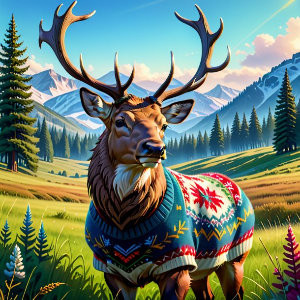 Illustration of a elk in a sweater in the meadow