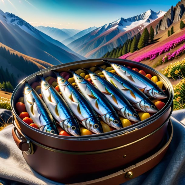 Pic of a sardines in a coat in the mountains