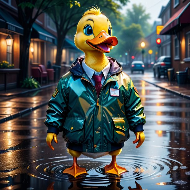 Illustration of a duck in a jacket in the puddle