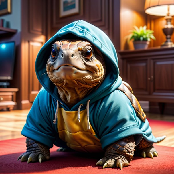 Pic of a tortoise in a hoodie in the house