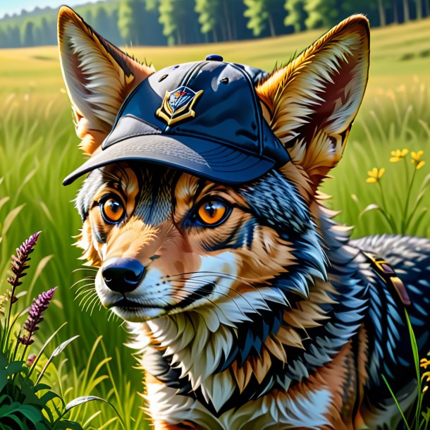 Drawing of a jackal in a cap in the meadow