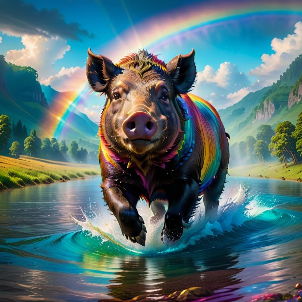 Image of a swimming of a boar on the rainbow