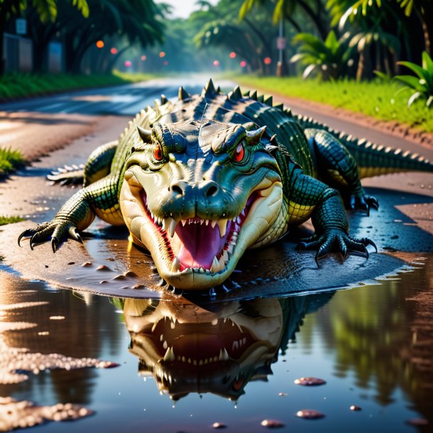 Photo of a angry of a crocodile in the puddle