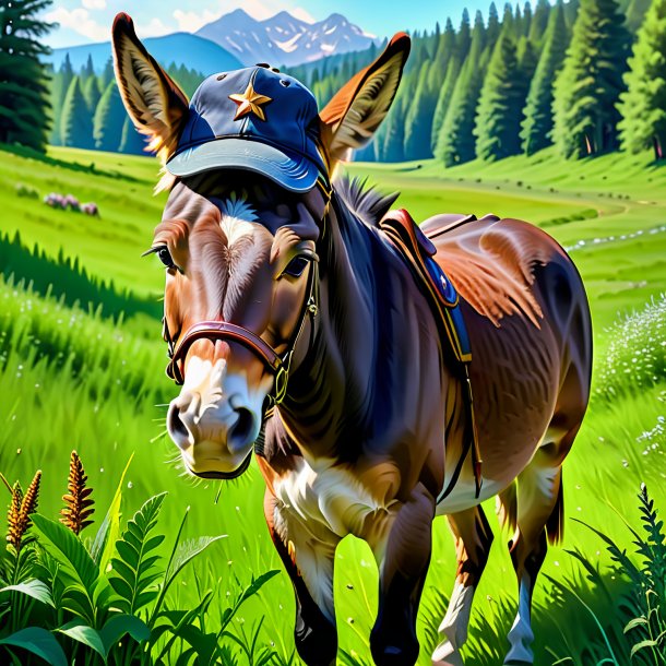 Picture of a mule in a cap in the meadow