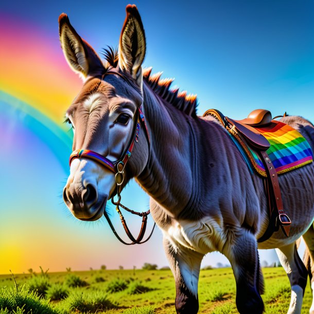 Photo of a donkey in a belt on the rainbow