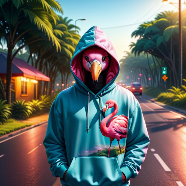 Ilustração de um flamingo em um hoodie na estrada