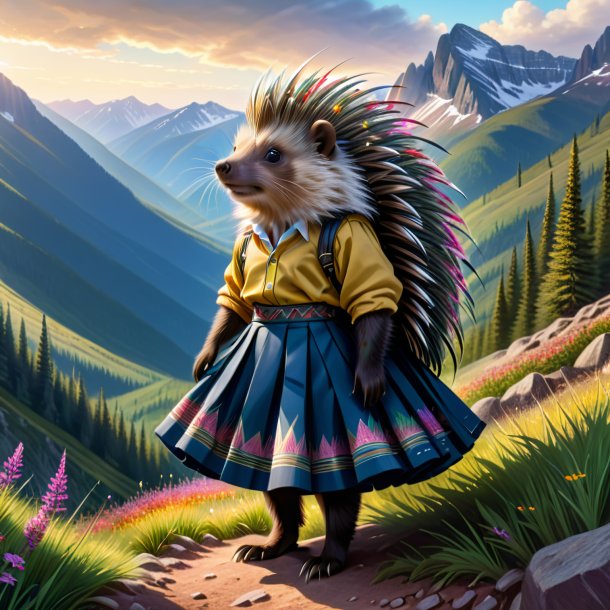 Drawing of a porcupine in a skirt in the mountains