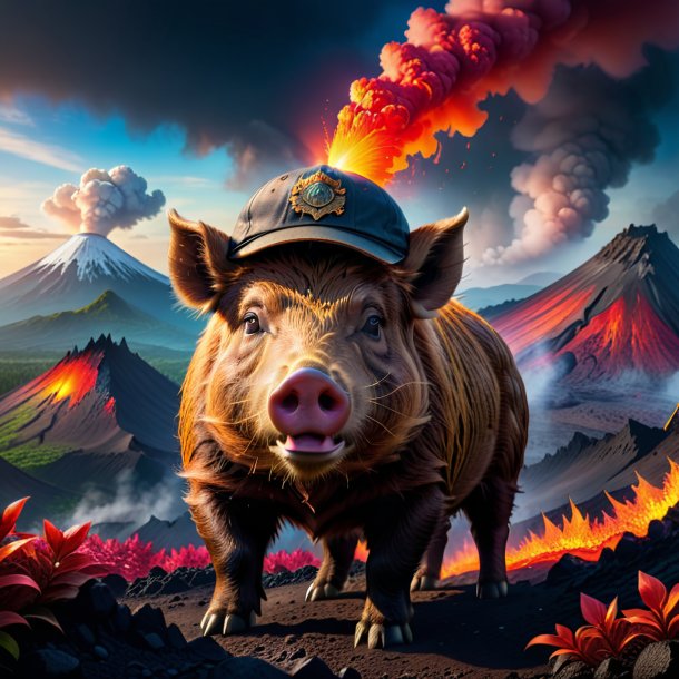 Photo of a boar in a cap in the volcano