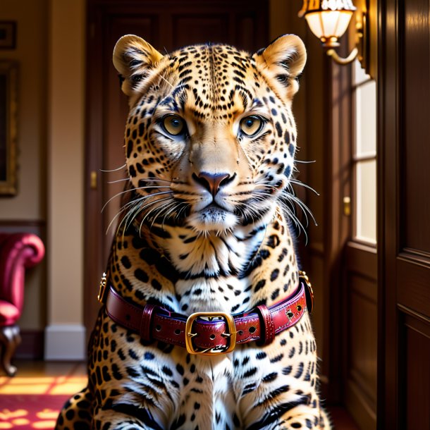 Image of a leopard in a belt in the house