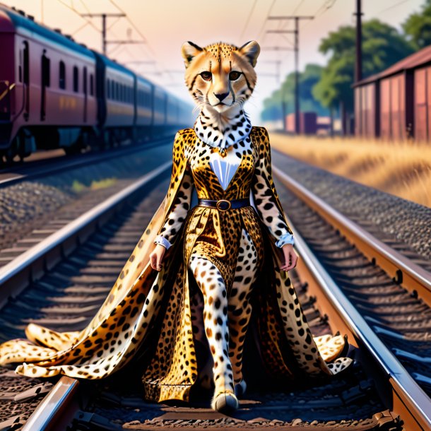 Drawing of a cheetah in a dress on the railway tracks