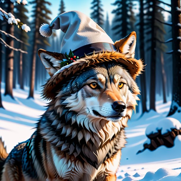 Photo of a wolf in a hat in the snow