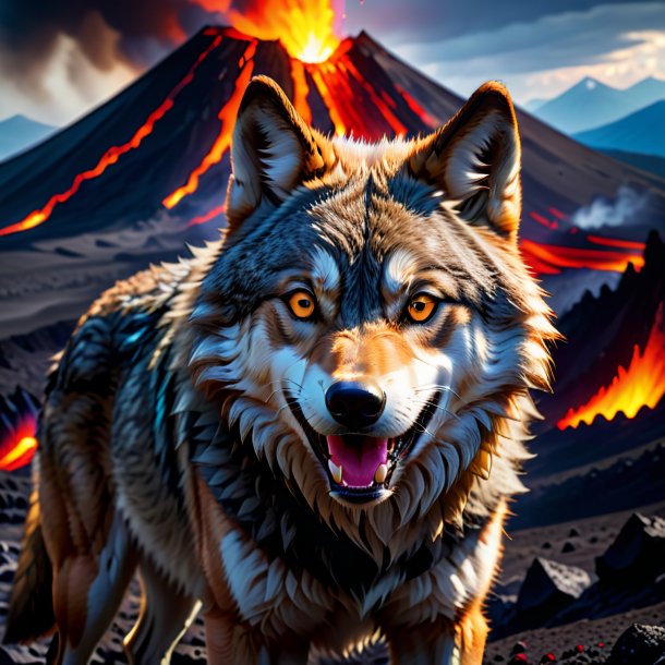 Photo of a smiling of a wolf in the volcano