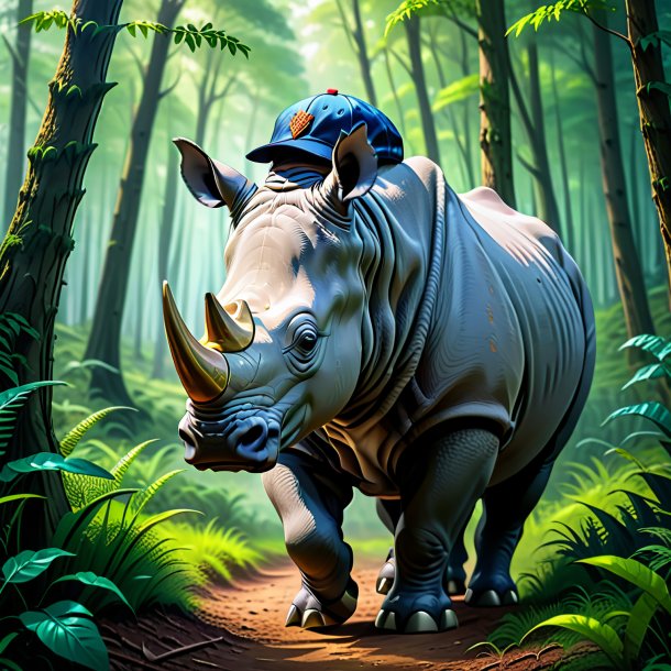 Drawing of a rhinoceros in a cap in the forest