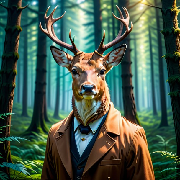 Photo of a deer in a coat in the forest