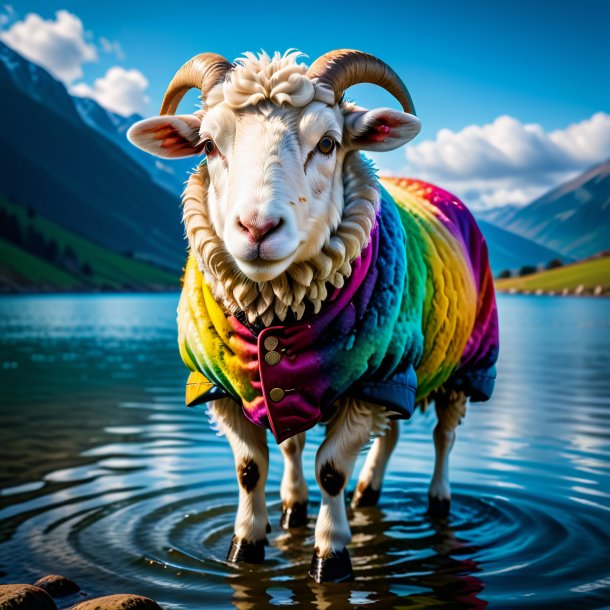 Picture of a sheep in a coat in the water