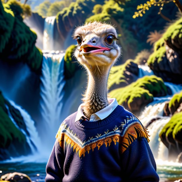 Photo of a ostrich in a sweater in the waterfall