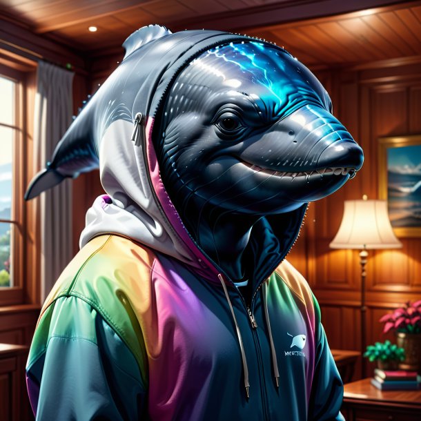 Drawing of a whale in a hoodie in the house