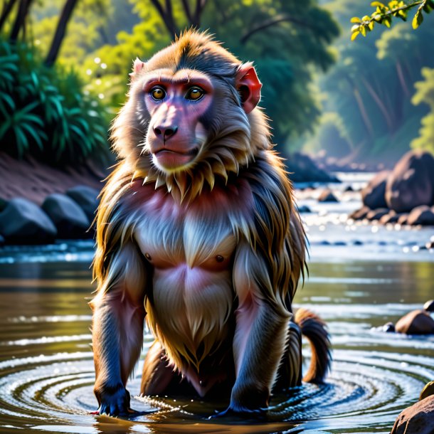 Foto de un babuino en un cinturón en el río