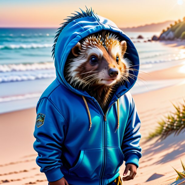 Pic of a porcupine in a hoodie on the beach