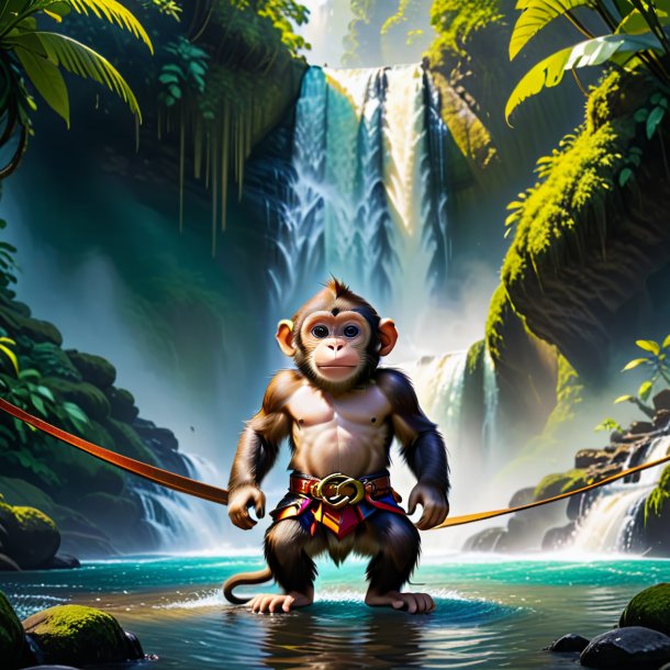 Picture of a monkey in a belt in the waterfall