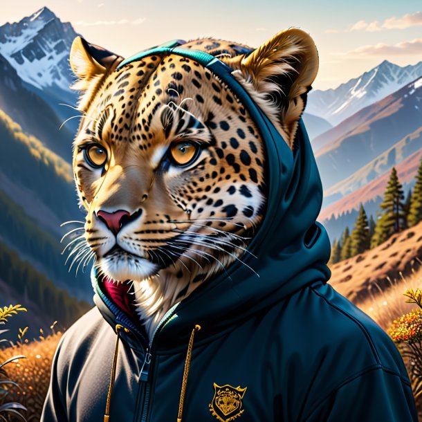 Drawing of a leopard in a hoodie in the mountains